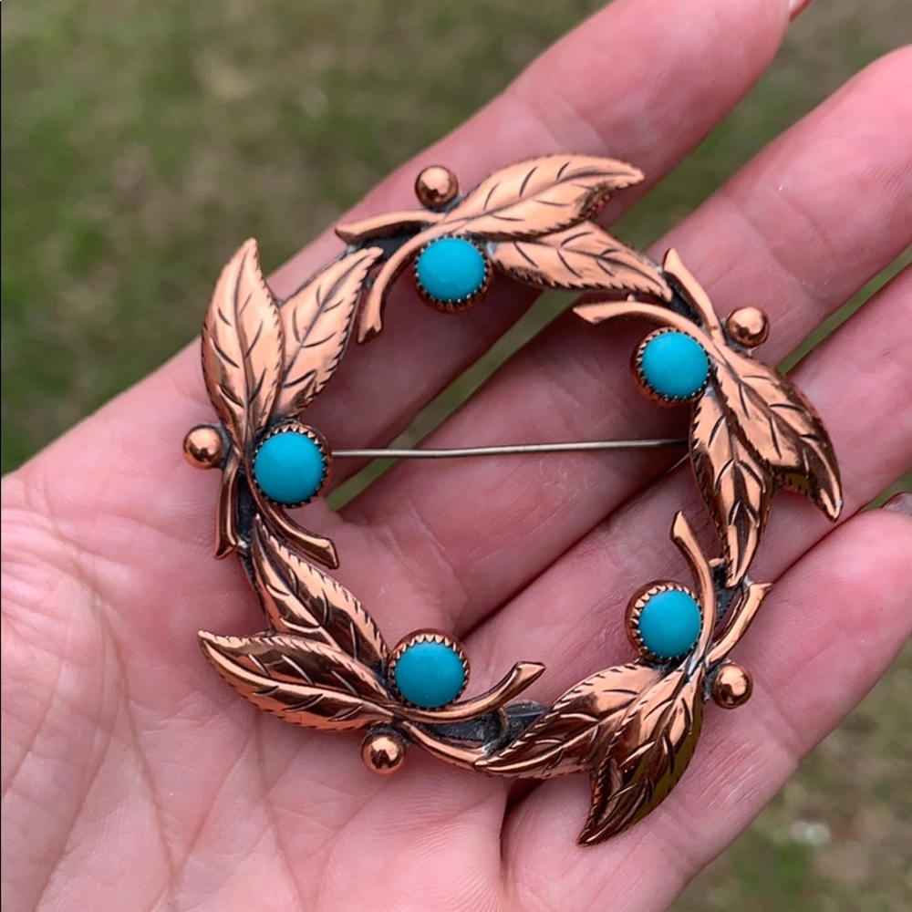 Vintage Copper Bell Turquoise Wreath Brooch